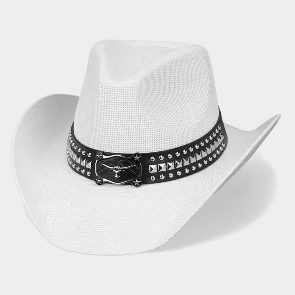 White Western Studded Steer Head Straw Cowboy Hat Womens Statement Accessory